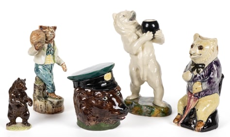 ASSORTED HAND-PAINTED CERAMIC BEAR FIGURAL ARTICLES, LOT OF FIVE