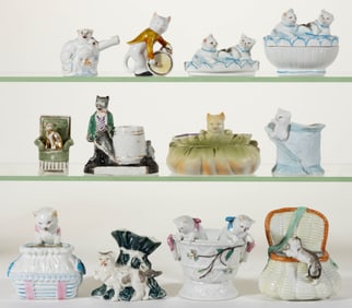 GERMAN PORCELAIN CAT FIGURAL FAIRINGS / NOVELTIES, LOT OF 12