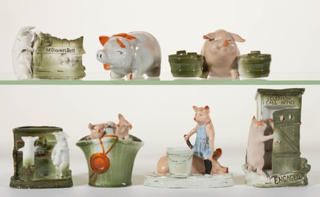 GERMAN PORCELAIN PINK PIG FIGURAL FAIRINGS / NOVELTIES, LOT OF SEVEN
