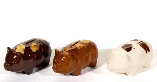 AMERICAN ART POTTERY PIG FIGURAL MONEY BANKS, LOT OF THREE