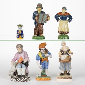 FRENCH FAIENCE AND OTHER TIN-GLAZED HAND-PAINTED EARTHENWARE FIGURES, LOT OF SIX