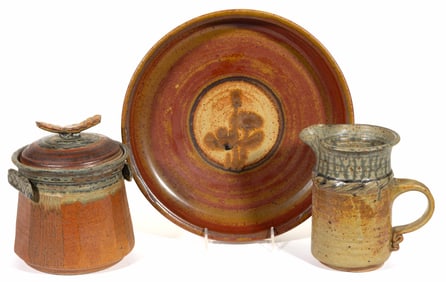 SIGNED JIM "HANGER", STAUNTON, VIRGINIA STUDIO POTTERY STONEWARE ARTICLES, LOT OF THREE
