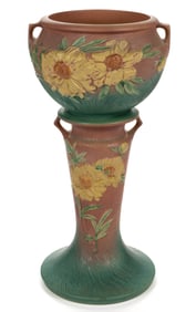 AMERICAN ROSEVILLE PEONY ART POTTERY JARDINIERE AND PEDESTAL