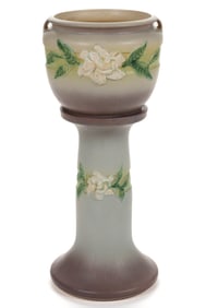 AMERICAN ROSEVILLE GARDENIA ART POTTERY JARDINIERE AND PEDESTAL