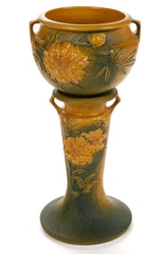 AMERICAN ROSEVILLE PEONY ART POTTERY JARDINIERE AND PEDESTAL