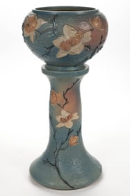 AMERICAN ROSEVILLE MAGNOLIA ART POTTERY JARDINIERE AND PEDESTAL