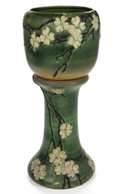 AMERICAN ROSEVILLE DOGWOOD ART POTTERY JARDINIERE AND PEDESTAL