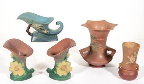 AMERICAN ROSEVILLE ART POTTERY VASES, LOT OF FIVE