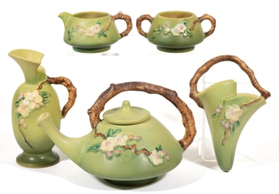AMERICAN ROSEVILLE APPLE BLOSSOM ART POTTERY TEA AND OTHER ARTICLES, LOT OF FIVE