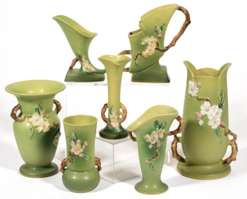 AMERICAN ROSEVILLE APPLE BLOSSOM ART POTTERY VASES, LOT OF SEVEN