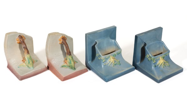 AMERICAN ROSEVILLE ART POTTERY BOOKEND PAIRS, LOT OF TWO