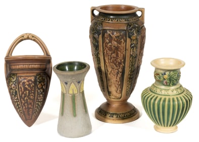 AMERICAN ROSEVILLE ART POTTERY VASES, LOT OF FOUR