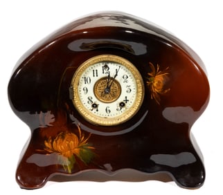 AMERICAN WELLER LOUWELSA FLORAL MOTIF ART POTTERY MANTEL CLOCK