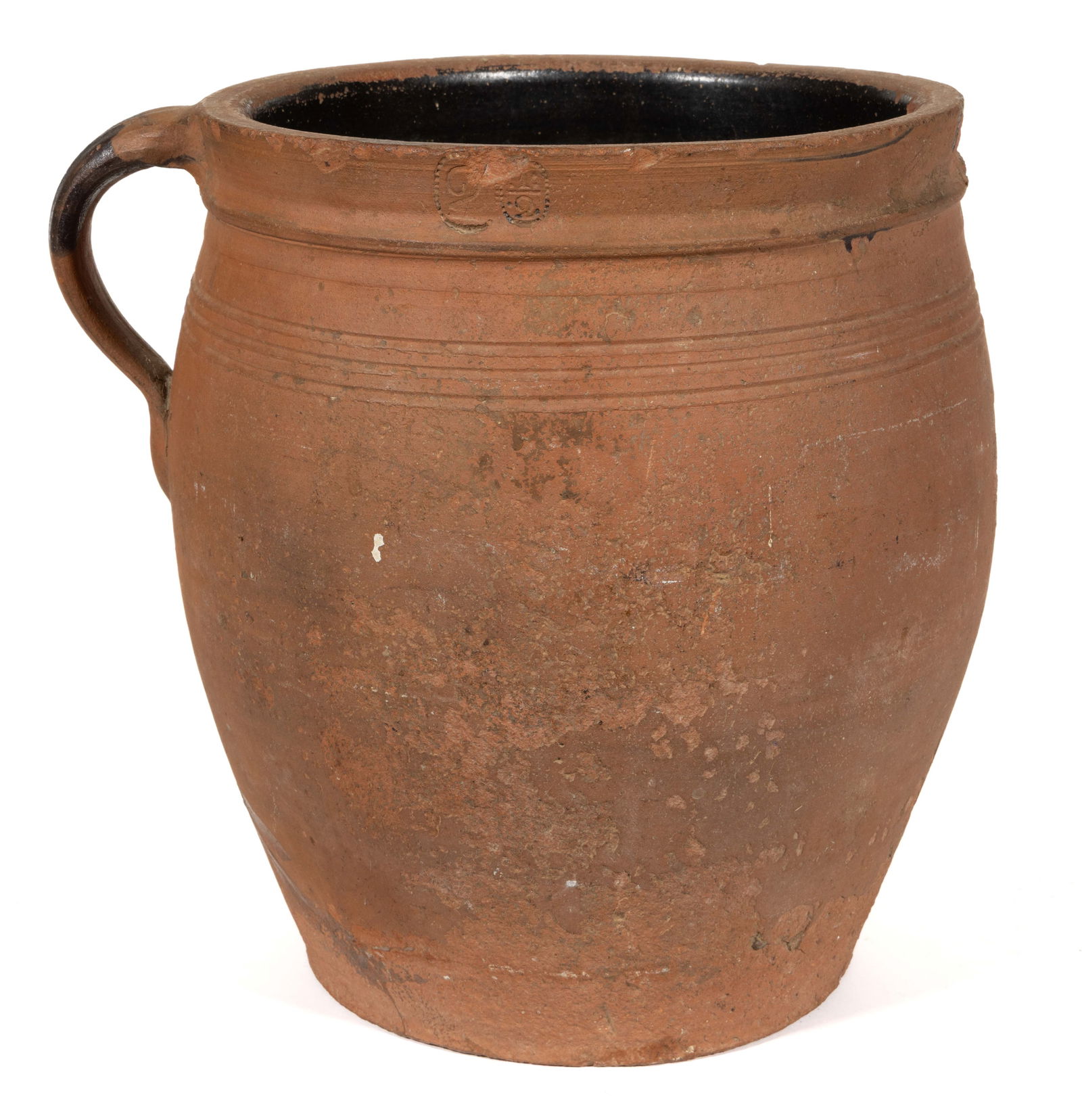 IMPORTANT EMANUEL SUTER, ROCKINGHAM CO., SHENANDOAH VALLEY OF VIRGINIA EARTHENWARE / REDWARE CROCK: IMPORTANT EMANUEL SUTER, ROCKINGHAM CO., SHENANDOAH VALLEY OF VIRGINIA EARTHENWARE / REDWARE CROCK, single lead- and manganese-glazed, "2" and "1/2" capacity marks, wide-mouth form