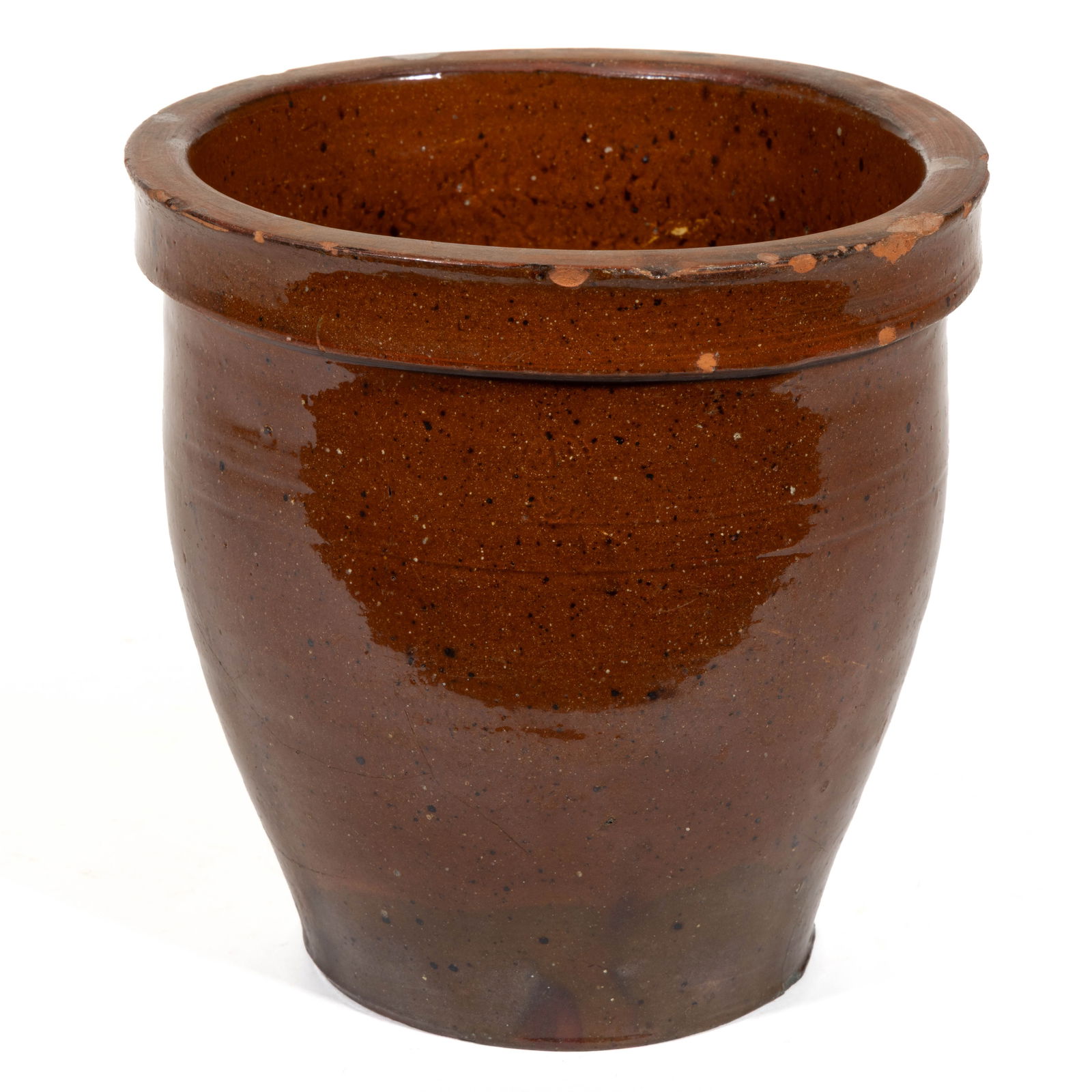 EMANUEL SUTER ATTRIBUTED, ROCKINGHAM CO., SHENANDOAH VALLEY OF VIRGINIA EARTHENWARE / REDWARE CROCK: EMANUEL SUTER ATTRIBUTED, ROCKINGHAM CO., SHENANDOAH VALLEY OF VIRGINIA EARTHENWARE / REDWARE CROCK, lead- and manganese-glazed, "1/2" gallon capacity mark, graceful wide-mouth form wit