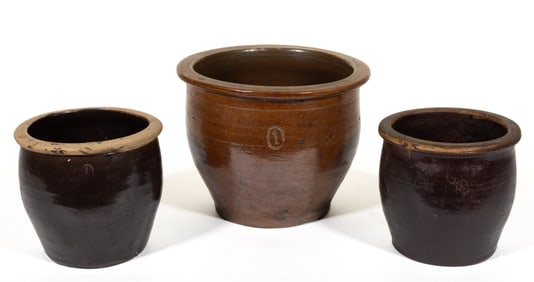 HARRISONBURG STEAM POTTERY, SHENANDOAH VALLEY OF VIRGINIA STONEWARE CROCKS, LOT OF THREE