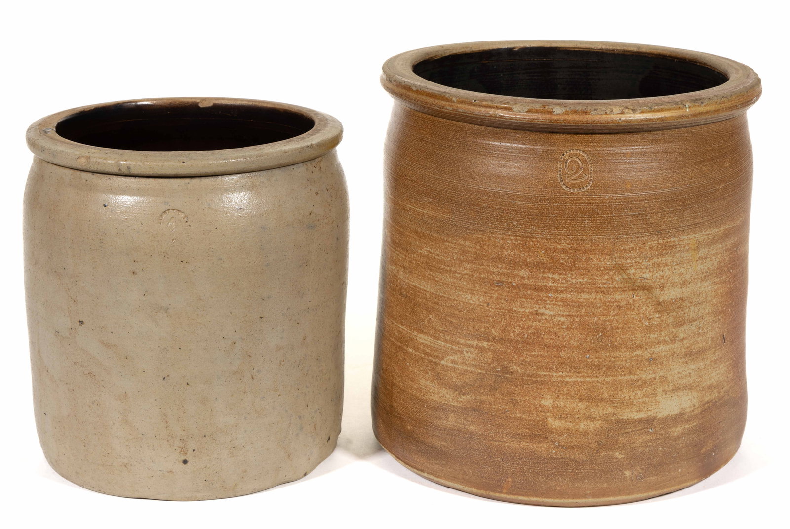 HARRISONBURG STEAM POTTERY, SHENANDOAH VALLEY OF VIRGINIA STONEWARE CROCKS, LOT OF TWO: HARRISONBURG STEAM POTTERY, SHENANDOAH VALLEY OF VIRGINIA STONEWARE CROCKS, LOT OF TWO, salt-glazed, each of wide-mouth cylindrical form with flat-top rounded rim and Albany-slip glazed interior, comp