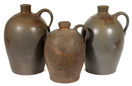 EMANUEL SUTER, ROCKINGHAM CO., SHENANDOAH VALLEY OF VIRGINIA STONEWARE JUGS, LOT OF THREE
