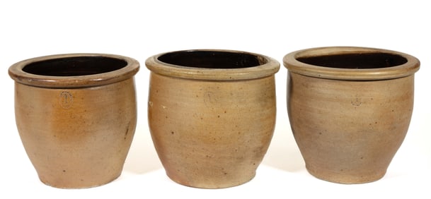 HARRISONBURG STEAM POTTERY, SHENANDOAH VALLEY OF VIRGINIA STONEWARE CROCKS, LOT OF THREE