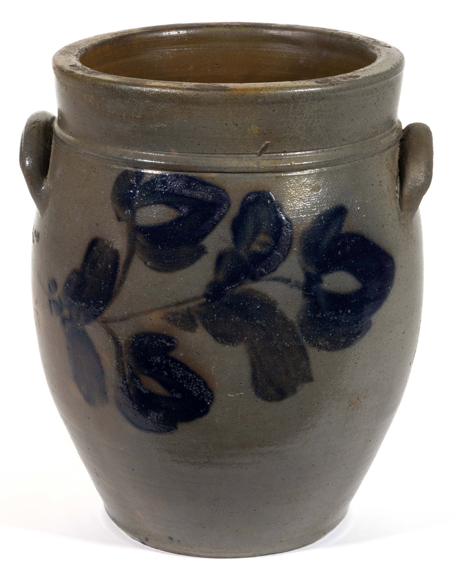 STAMPED "A. KEISTER. & CO / STRASBURG. VA.", SHENANDOAH VALLEY OF VIRGINIA DECORATED STONEWARE JAR: STAMPED "A. KEISTER. & CO / STRASBURG. VA.", SHENANDOAH VALLEY OF VIRGINIA DECORATED STONEWARE JAR, salt-glazed, "2" gallon capacity mark, ovoid form with high collar