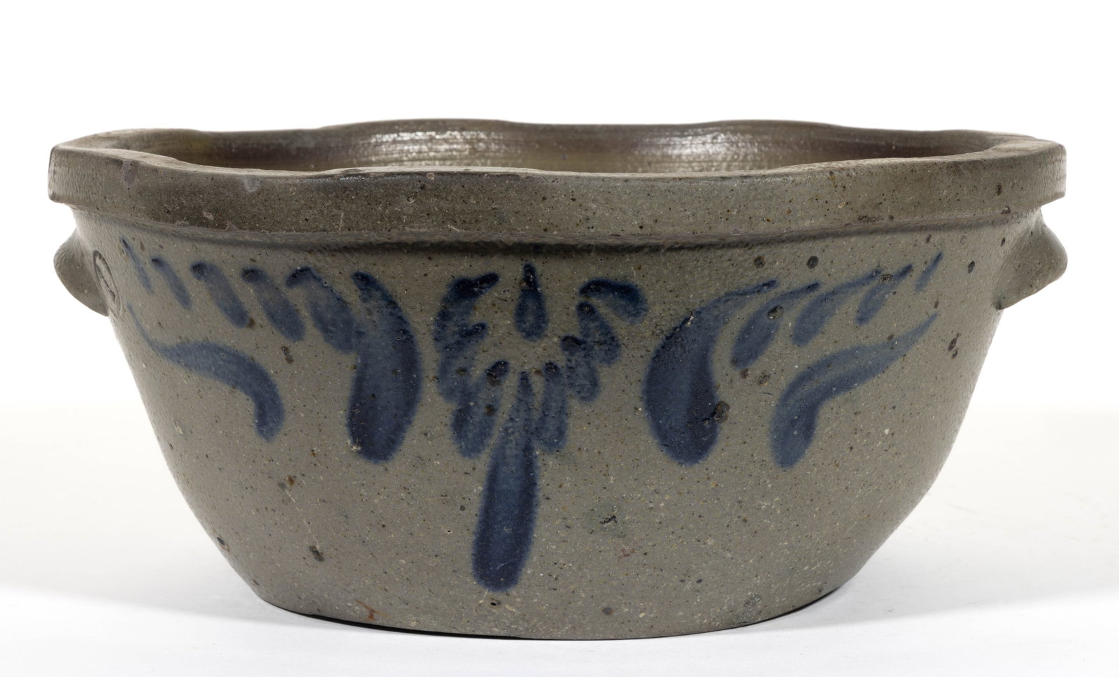 STAMPED "J.M. HICKERSON / STRASBURG VA.", SHENANDOAH VALLEY OF VIRGINIA DECORATED STONEWARE PAN: STAMPED “J. M. HICKERSON / STRASBURG VA.”, SHENANDOAH VALLEY OF VIRGINIA DECORATED STONEWARE PAN, salt-glazed, "1" gallon capacity mark, circular bowl form with squared rim and a