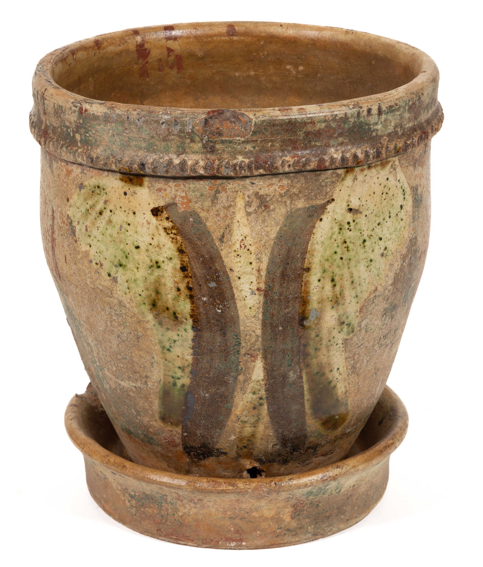 SOLOMON BELL ATTRIBUTED, STRASBURG, SHENANDOAH VALLEY OF VIRGINIA EARTHENWARE / REDWARE FLOWER POT: SOLOMON BELL ATTRIBUTED, STRASBURG, SHENANDOAH VALLEY OF VIRGINIA EARTHENWARE / REDWARE FLOWER POT, lead-, copper-, and manganese-glazed over a thin white wash, tall semi-ovoid form with coggled