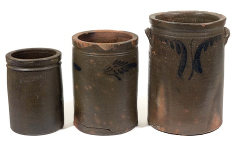STAMPED "J.M. HICKERSON / STRASBURG", SHENANDOAH VALLEY OF VIRGINIA STONEWARE JARS, LOT OF THREE