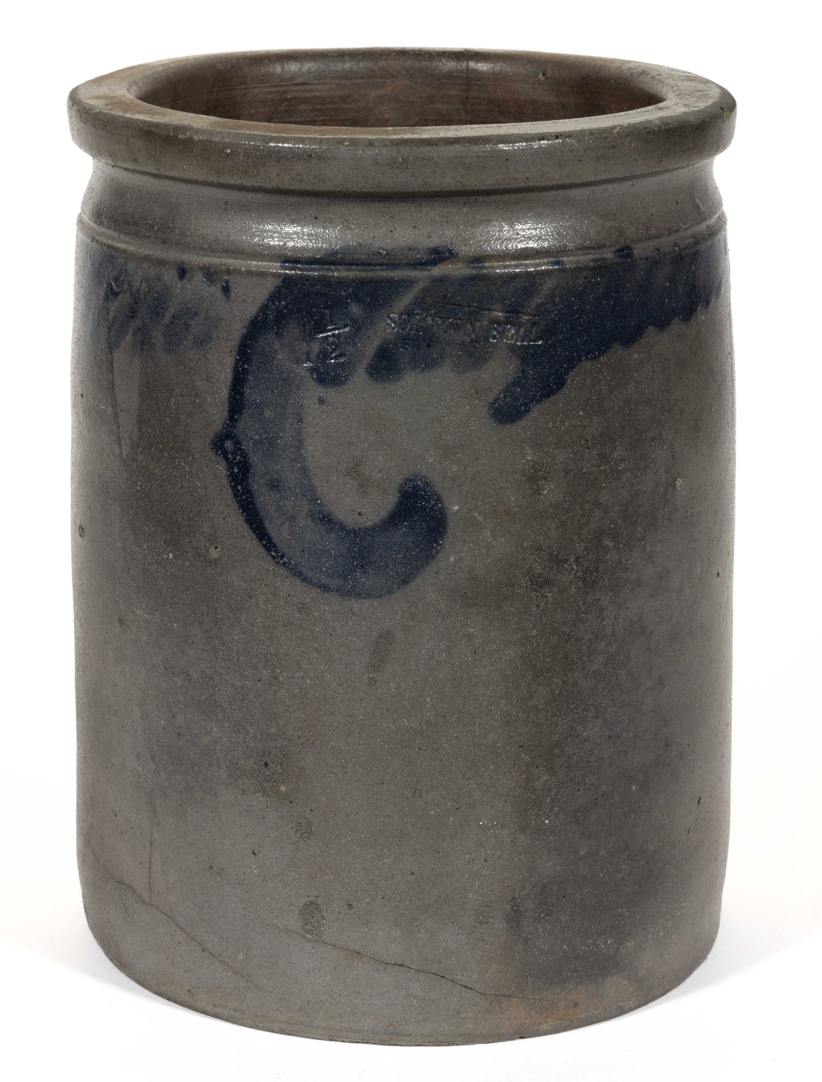STAMPED "SOLOMON BELL / ST[RASBURG]", SHENANDOAH VALLEY OF VIRGINIA DECORATED STONEWARE JAR: STAMPED "SOLOMON BELL / ST[RASBURG]", SHENANDOAH VALLEY OF VIRGINIA DECORATED STONEWARE JAR, salt-glazed, "1 1/2" gallon capacity mark, cylindrical form with squared collared