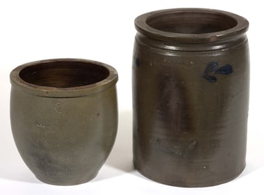 STAMPED "STRASBURG, VA", SHENANDOAH VALLEY OF VIRGINIA STONEWARE JARS, LOT OF TWO