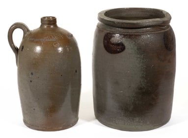 STAMPED "S. BELL & SON. / STRASBURG", SHENANDOAH VALLEY OF VIRGINIA STONEWARE ARTICLES, LOT OF TWO