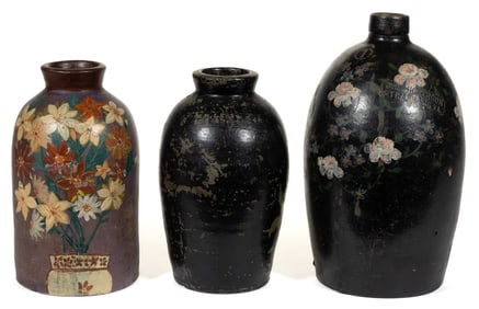 STAMPED STRASBURG, VIRGINIA AND OTHER PAINT-DECORATED FLORAL MOTIF STONEWARE ARTICLES, LOT OF THREE