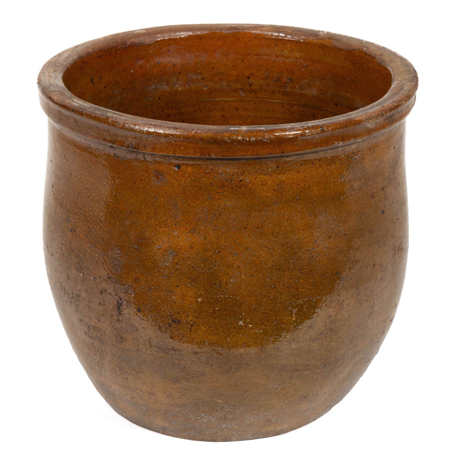 NEW MARKET, SHENANDOAH VALLEY OF VIRGINIA EARTHENWARE / REDWARE CROCK: NEW MARKET, SHENANDOAH VALLEY OF VIRGINIA EARTHENWARE / REDWARE CROCK, lead-glazed, approximately one-gallon capacity, semi-ovoid form with squared rim. Second half 19th century. 7 1/4" H, 8"