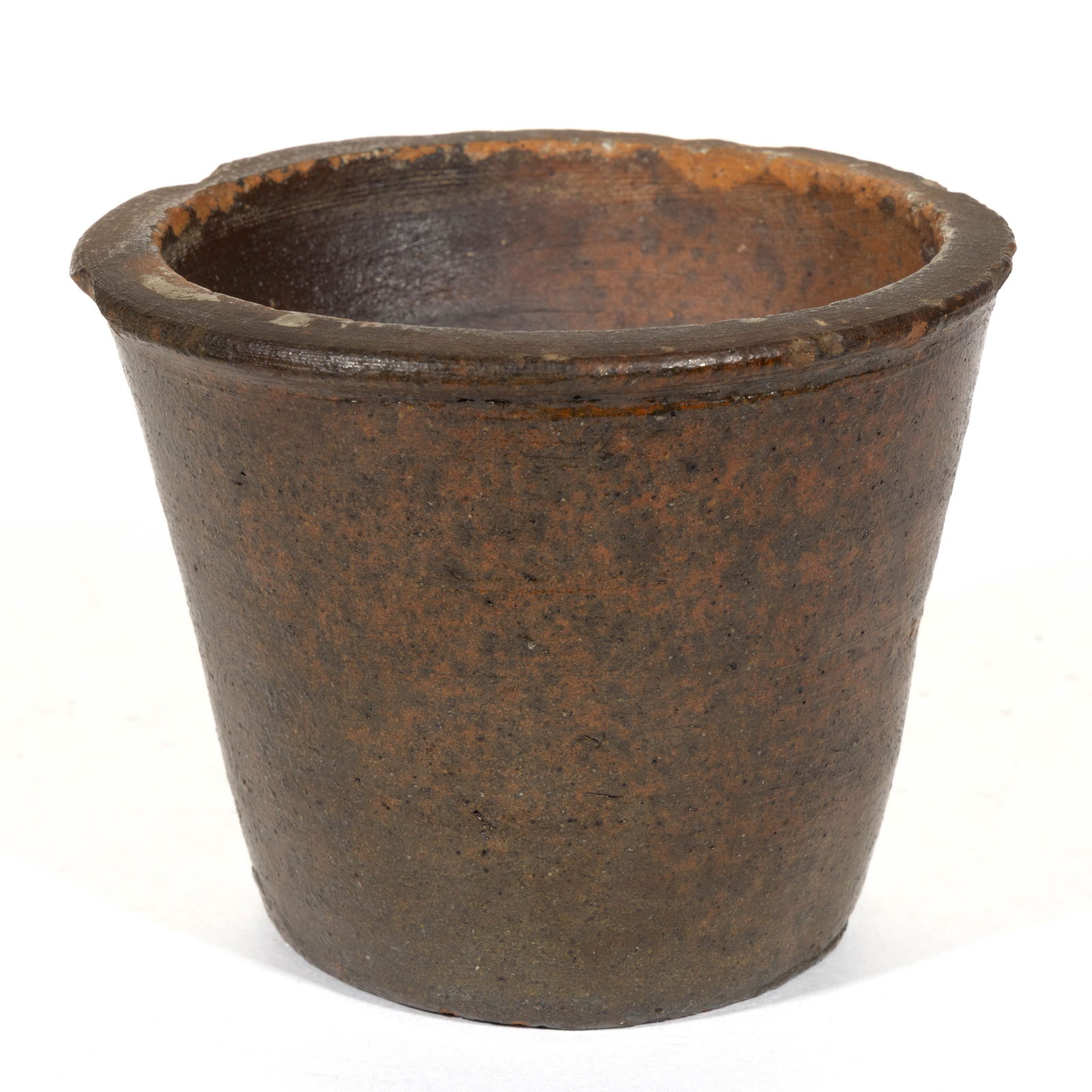 SHENANDOAH VALLEY OF VIRGINIA STONEWARE DIMINUTIVE CROCK: SHENANDOAH VALLEY OF VIRGINIA STONEWARE DIMINUTIVE CROCK, salt-glazed, wide-mouth conical form having flat top rim and clam shell cutoff lines to base. Possibly Rockingham County. Second half 19t