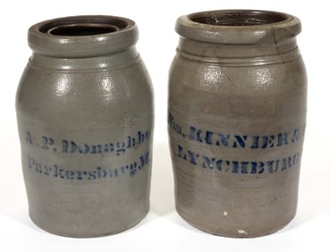 VIRGINIA AND WEST VIRGINIA STENCILED STONEWARE JARS, LOT OF TWO