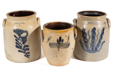 NEW YORK DECORATED STONEWARE JARS, LOT OF THREE
