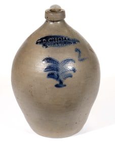 STAMPED "T.D. CHOLLAR / CORTLAND", NEW YORK DECORATED STONEWARE JUG