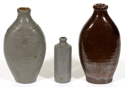 AMERICAN EARTHENWARE AND STONEWARE BOTTLES / FLASKS, LOT OF THREE