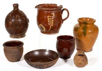 ASSORTED EARTHENWARE / REDWARE ARTICLES, LOT OF SEVEN