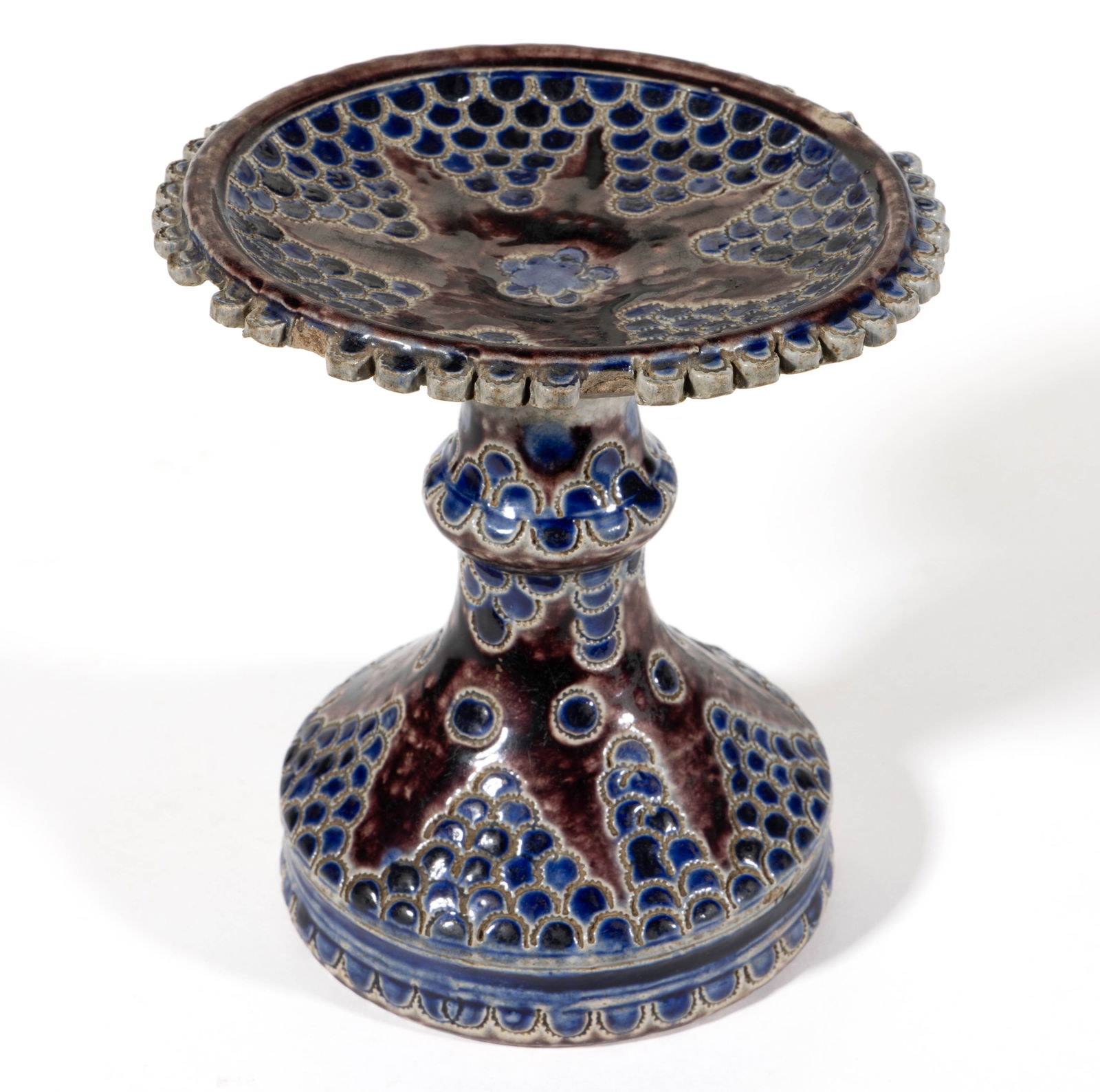 GERMAN WESTERWALD DECORATED STONEWARE PEDESTAL STAND: GERMAN WESTERWALD DECORATED STONEWARE PEDESTAL STAND, salt-glazed, having incised seven-point star to top and six-point star to top of base surrounded by fish scale-incised designs, and scalloped