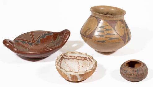 ASSORTED NATIVE HAND-PAINTED POTTERY BOWLS / JARS, LOT OF FOUR