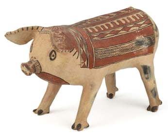 MEXICAN EARTHENWARE HAND-PAINTED LARGE FIGURAL POTTERY PIG BANK / MONEY BOX