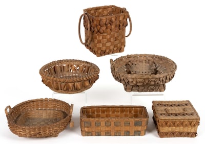 NORTHEASTERN NATIVE AMERICAN, AND POSSIBLY OTHER, STAVE-TYPE WOVEN-SPLINT BASKETS, LOT OF SIX