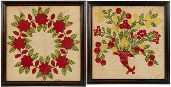 AMERICAN, POSSIBLY VIRGINIA, FRAMED APPLIQUE QUILT TOP BLOCKS, LOT OF TWO