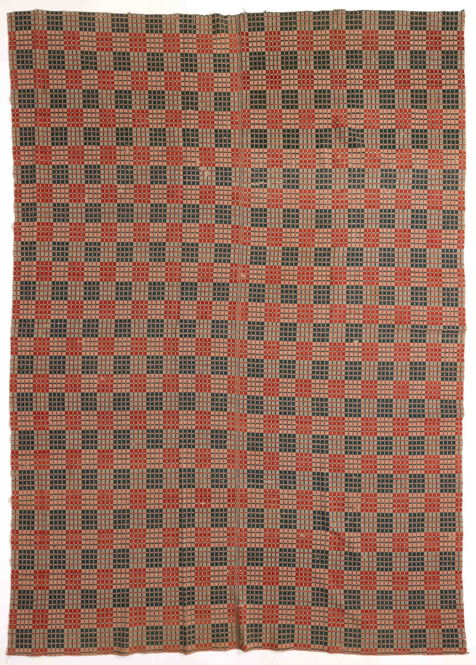 BARBARA BEERY WENGER (1795-1871), EDOM, ROCKINGHAM CO., SHENANDOAH VALLEY OF VIRGINIA "WINDOW SASH": BARBARA BEERY WENGER (1795-1871), EDOM, ROCKINGHAM CO., SHENANDOAH VALLEY OF VIRGINIA "WINDOW SASH" OVERSHOT COVERLET, green, teal green, and rose red wool, and natural cotton, finely woven,