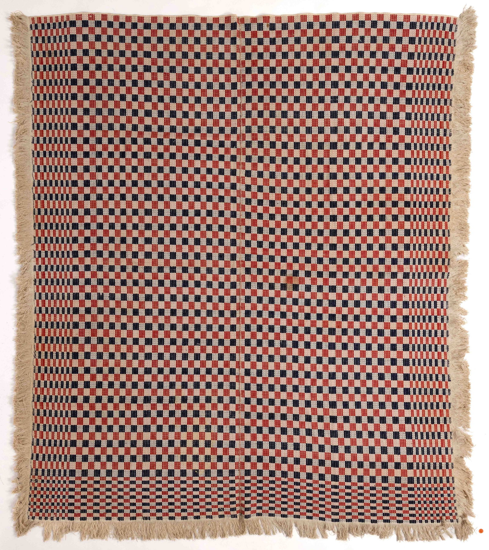 MID-ATLANTIC OVERSHOT COVERLET: MID-ATLANTIC OVERSHOT COVERLET, dark blue and rose red wool, and natural cotton, two-joined panels, having overall checkered design, border and fringe to three sides. Second half 19th century. 76