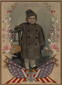 PATRIOTIC AMERICAN SILK-EMBROIDERED NEEDLEWORK AND SEPIA-PAINTED PORTRAIT OF A CHILD