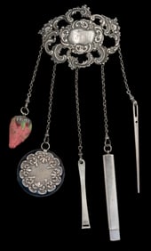 VICTORIAN / ANTIQUE STERLING SILVER SEWING CHATELAINE WITH APPENDAGES