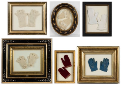 ANTIQUE FRAMED CHILDREN'S GLOVES AND OTHER ACCESSORIES, LOT OF SIX