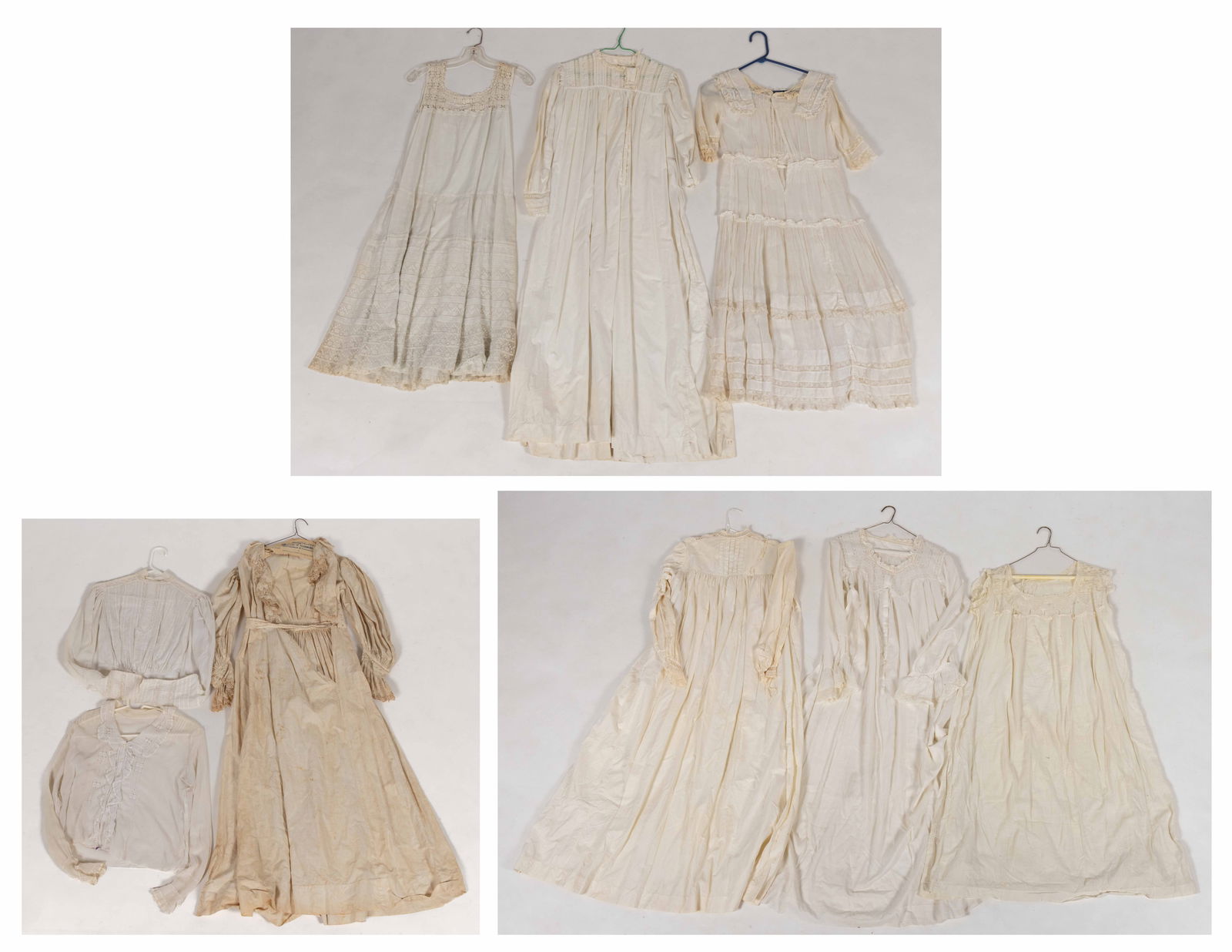 VICTORIAN / ANTIQUE WHITE LADY'S CLOTHING, LOT OF NINE: VICTORIAN / ANTIQUE WHITE LADY'S CLOTHING, LOT OF NINE, each with lace or other embellishments, comprising two long-sleeve shirts, five under dresses / nightgowns, a possible dress or under dress,