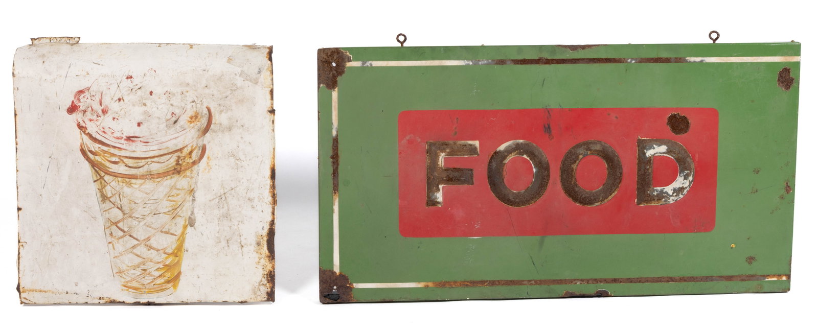 AMERICAN FOLK ART METAL TRADE SIGNS, LOT OF TWO: AMERICAN FOLK ART METAL TRADE SIGNS, LOT OF TWO, each single-sided, comprising a rectangular porcelain example in red, green, and white, marked "FOOD", the other featuring a painted ice crea